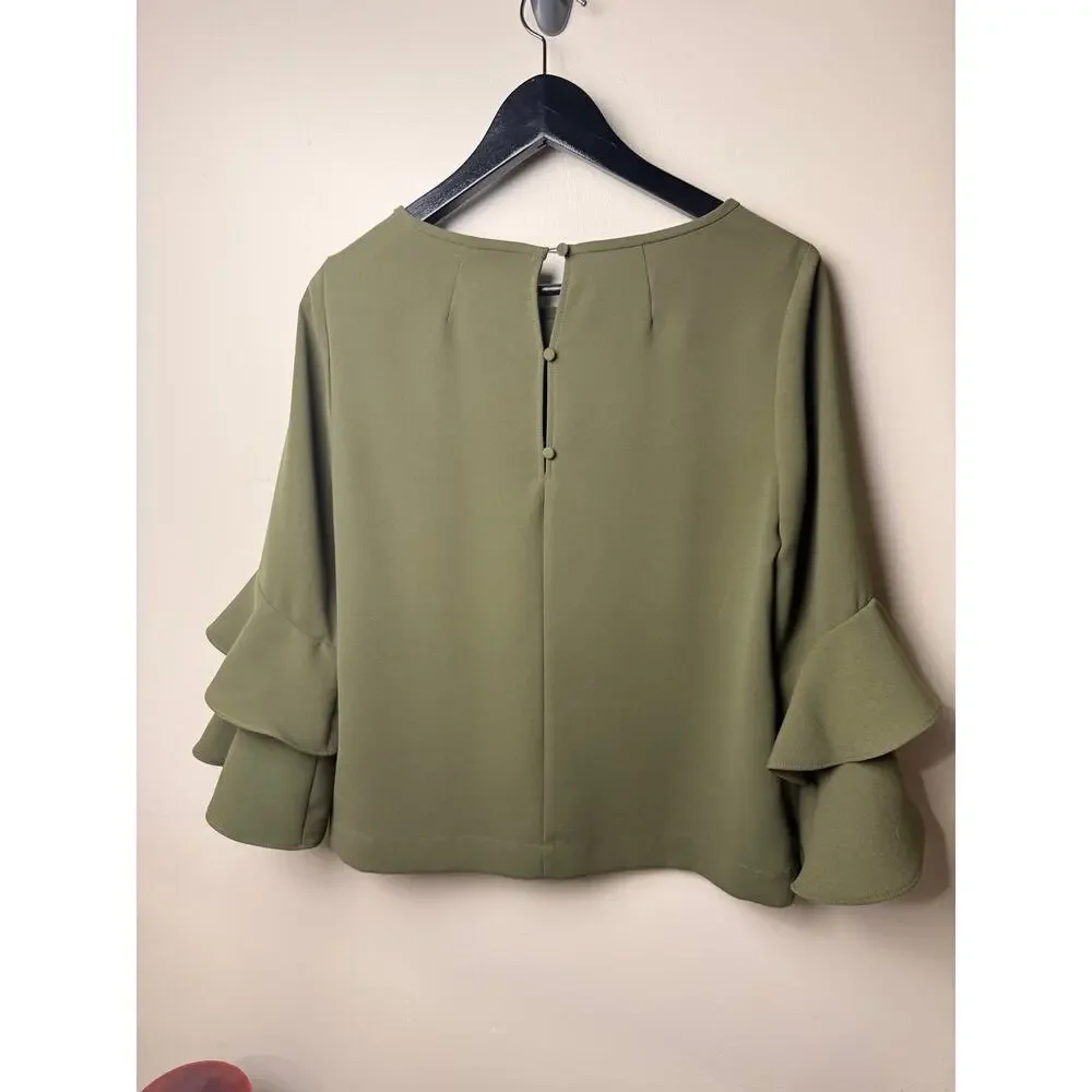 J.Crew Womens Tiered Bell-Sleeve Top Drapey Crepe Loden Green Size 6 Business